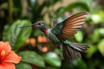 Hummingbird in flight beside a vibrant hibiscus bloom