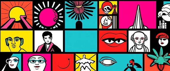 Obraz premium A bold, graphic background incorporating a collage of high-contrast images, rendered in a pop art style with thick, black outlines and bright primary colors.