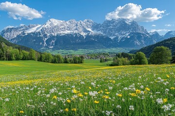 Fototapeta premium Majestic snow-capped mountains overlooking vibrant meadow