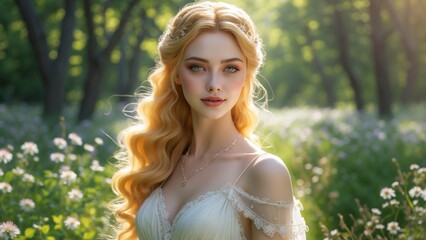 Naklejka premium a stunning young woman with porcelain skin, bright green eyes, and luscious golden locks cascading down her back, dressed in a flowing white gown with delicate lace accents