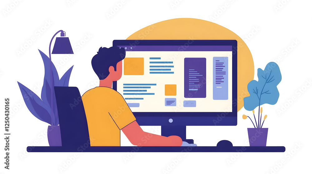 Poster Man sitting at desk using laptop computer in bright minimalist home office or remote workspace  Concept of online work digital technology productivity and professional career