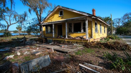 Abandoned yellow house with broken windows surrounded by overgrown vegetation and debris
