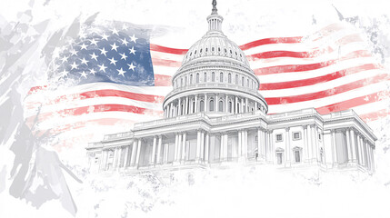 us capitol building with american flag watercolor sketch