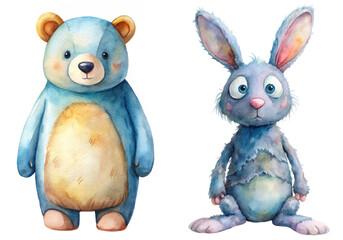 Obraz premium Cute watercolor bear, fluffy rabbit, playful characters, children's illustration, vibrant colors, friendly designs.
