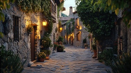 Fototapeta premium Cobblestone street illuminating charming medieval village at dusk