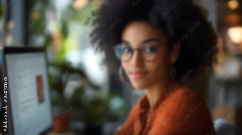 Aufkleber blur portrait of a confident smiling young professional woman working at her desk with a computer in