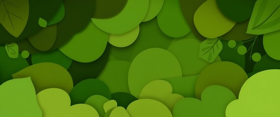 A digital painting of a stylish background composed of overlapping organic shapes in various shades of green and brown, reminiscent of a lush forest scene, rendered in a minima.