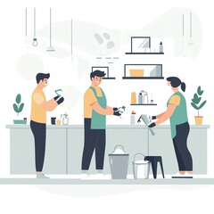 Three people engaging in a cleaning activity in a modern workspace.