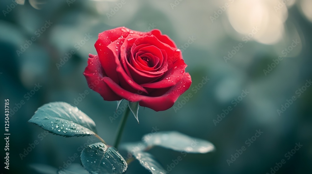 Poster Radiant red rose in full bloom with delicate dew drops resting on the petals set against a soft dreamy garden backdrop with a blurred atmospheric Elegant serene and brimming with natural beauty