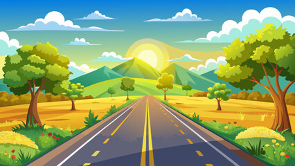 Sunny road to anywhere, single point perspective down a country highway in summer. Warm day to drive or travel to anywhere. © williamnoah