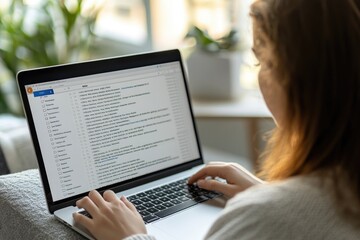 Woman checking emails on laptop at home