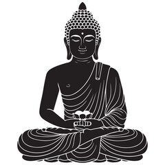 Naklejka premium Buddha silhouette of meditating buddah statue. black and white flat style isolated buddha sitting in lotus position. Vector illustration
