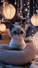 Adorable Kitten Wearing Headphones in Cozy Room with Fairy Lights