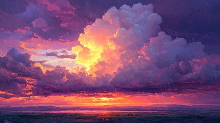 A vibrant sunset paints the sky with hues of purple, orange, and pink, showcasing dramatic clouds against a stunning horizon.