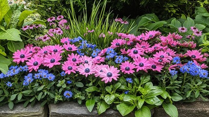 Fototapeta premium A vibrant flower bed featuring pink daisies and blue blossoms surrounded by lush greenery.