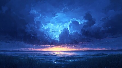 Fototapeta premium A serene twilight scene over a calm sea, showcasing a dramatic sky filled with clouds and a glowing horizon.