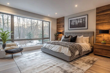 Large bed and window in spacious bedroom.
