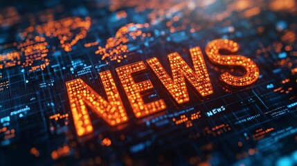 The image features a digital representation of the word "NEWS," highlighted against a backdrop of glowing data points and a world map, emphasizing global information connectivity.