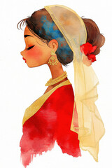 India watercolor, A detailed image showcasing a traditional Indian bride adorned in a red outfit, emphasizing cultural beauty and vibrancy.