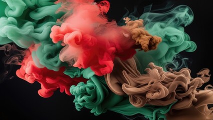 Abstract colorful smoke swirling on a black background in vibrant shades of red, green, and brown creating an energetic visual effect.