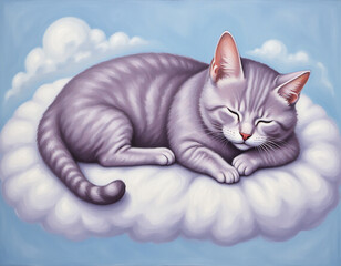 A serene and whimsical illustration of a gray tabby cat peacefully sleeping on a fluffy white cloud against a soft blue sky background.