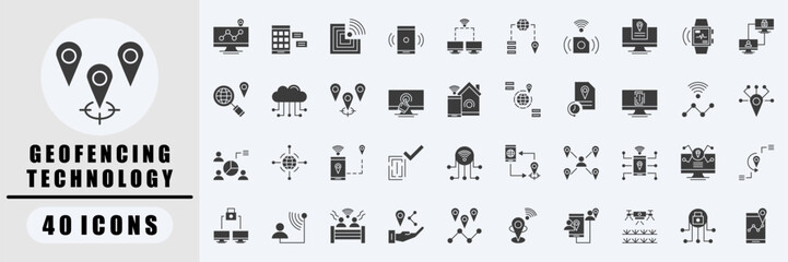 Geofencing Technology black icon set. Covers GPS Tracking, Mobile App, RFID, NFC, Access control, Geolocation data, Smart sensors. Simple vector illustration.