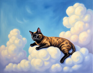Obraz premium A whimsical illustration of a sleeping cat sprawled across fluffy clouds under a serene blue sky.