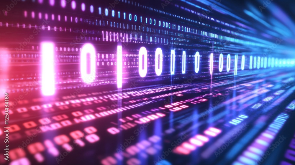 Poster futuristic data stream: binary code visualization in neon lights