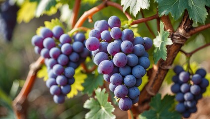 Fototapeta premium Close-up of realistic artificial grapes intertwined with lush green leaves in a natural outdoor setting