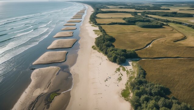 Aerial Coastal Landscape with Sandbars and Semi-Natural Meadows at Low Tide Offering Expansive Views and Space for Text Overlay