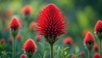 Vibrant red cockscomb flower with spiky texture stands out against a blurred green background showcasing its bold color and unusual form.
