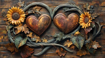 Two Wooden Hearts Entwined with Autumnal Sunflowers and Vines on Rustic Wood