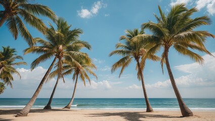 Fototapeta premium Tranquil Beach Scene with Lush Palm Trees and Vibrant Sky Ideal for Vacation Promotion or Relaxation Themes