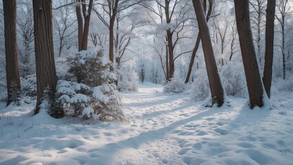 Snow-covered forest path with tall trees creating a serene winter landscape and soft sunlight filtering through the snowy branches.