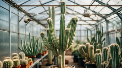 Lush cactus collection in a greenhouse showcasing a prominent tall cactus surrounded by various smaller cacti and ample empty space for text