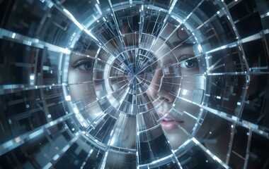 Digital Distortion: A Woman's Face Reflected in a Shattered Tech Mirror
