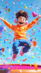 Fototapeta premium Joyful Kid Jumping on Trampoline with Headphones and Confetti