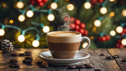 Obraz premium Cozy cup of coffee with steam surrounded by festive Christmas lights and decorations creating a warm holiday atmosphere