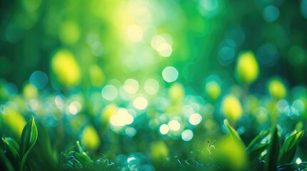 Obraz premium Vibrant green bokeh background with soft focus and spring elements creating a serene atmosphere for nature-inspired designs and projects.