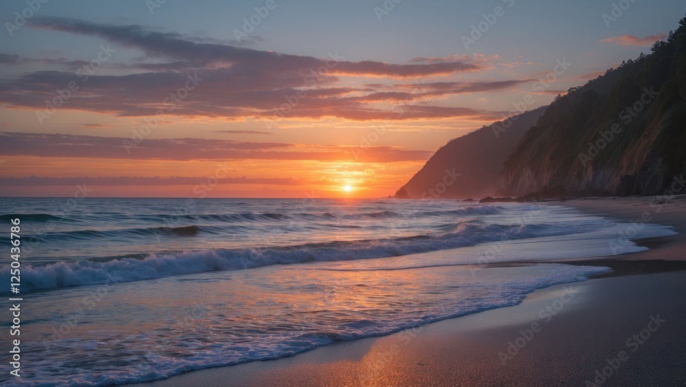 Canvas Prints Tranquil Coastal Sunset Over Sandy Beach with Gentle Waves and Cliffs in the Background Ideal for Relaxation and Nature Themes