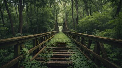 Obraz premium An Abandoned Bridge Surrounded by Lush Greenery in a Dense Forest Landscape
