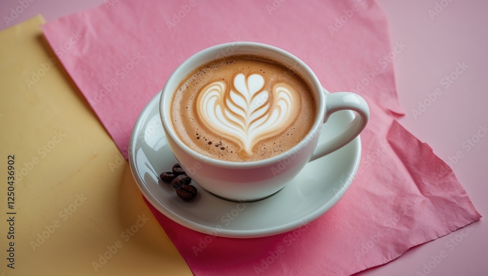 Wall mural Cup of latte with heart-shaped milk foam on pink and yellow paper background showcasing a cozy coffee moment.