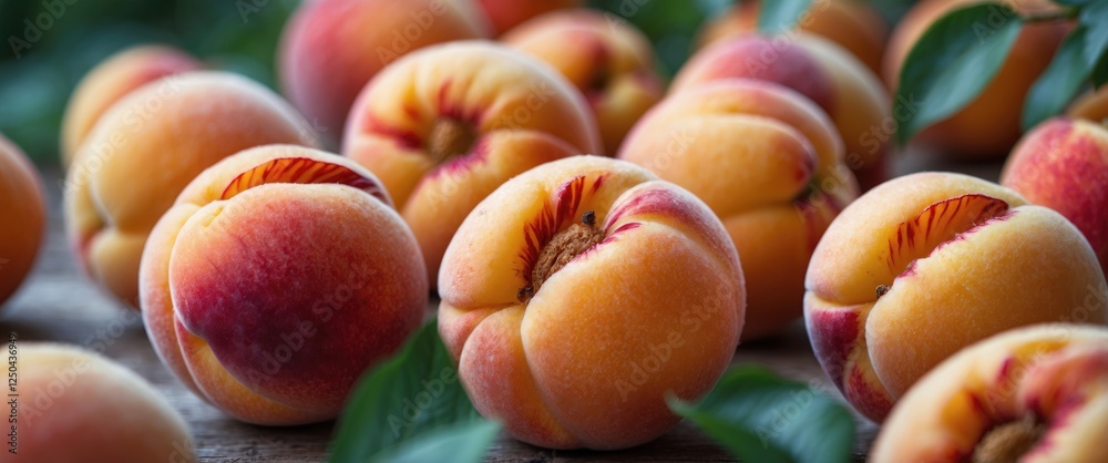 Canvas Prints Ripe juicy peaches in vibrant orange and red hues with soft-focused background highlighting their natural beauty and freshness.