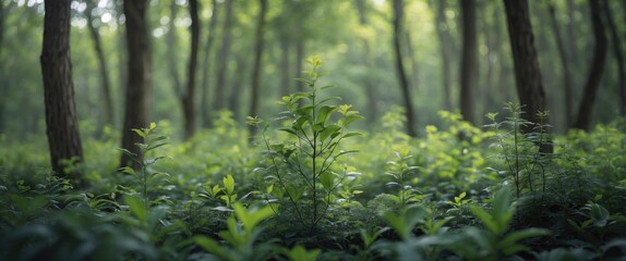 Fototapeta premium Lush green forest with selective focus on plants creating a serene and tranquil natural environment.