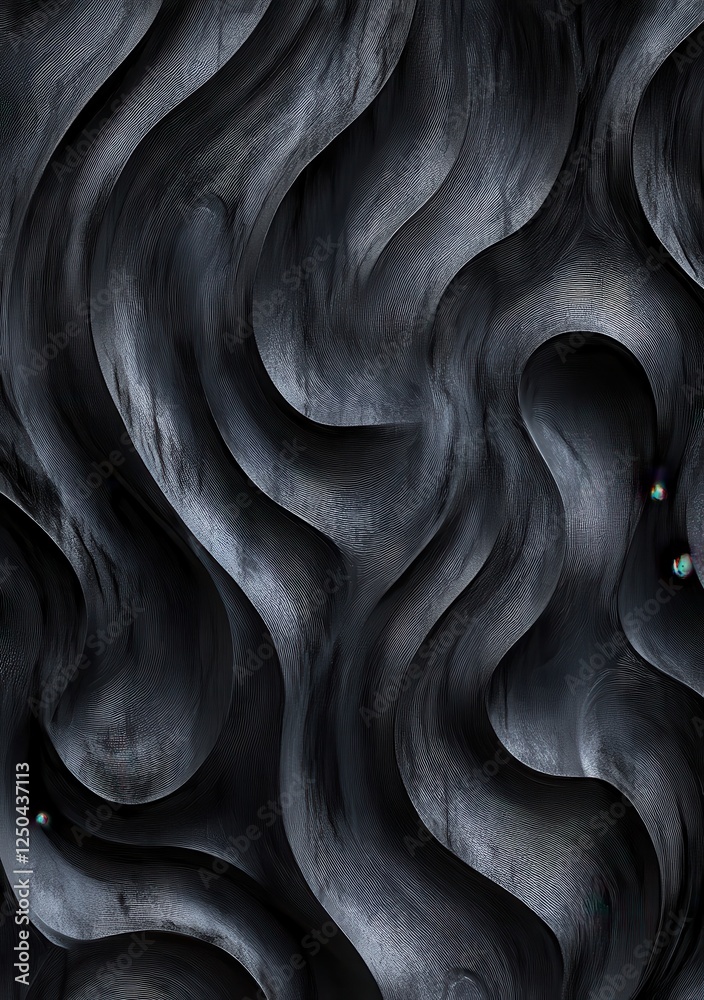Poster abstract dark gray swirling texture with iridescent spheres.