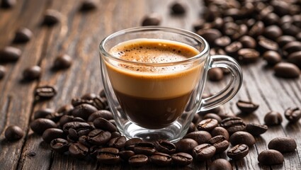 Espresso in a transparent glass cup on wooden table with coffee beans creating a rich and inviting coffee scene for enthusiasts