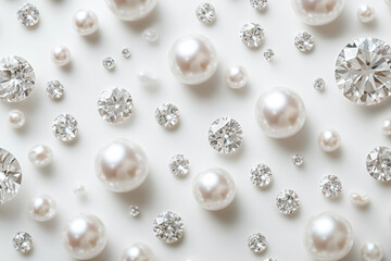 Diamonds and pearls shimmer in elegant arrangement atop black velvet, a luxurious contrast of glimmering opulence against a dark backdrop.