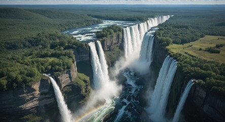 Fototapeta premium Aerial View of Majestic Waterfalls Surrounded by Lush Greenery and Rugged Landscapes with Space for Text Overlaid. Ideal for Nature Themes.