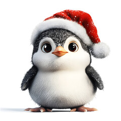 Fototapeta premium Penguin wearing a Christmas hat, isolated on a white background. Photorealistic style, with full-body detail and high-resolution, high-quality rendering. 
