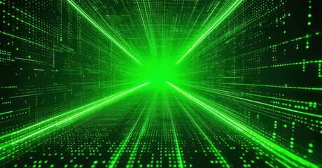 Neon green patterns flickering like silent data streams in the dark, creating bright contrasts and dynamic lighting, forming an intricate and captivating visual display